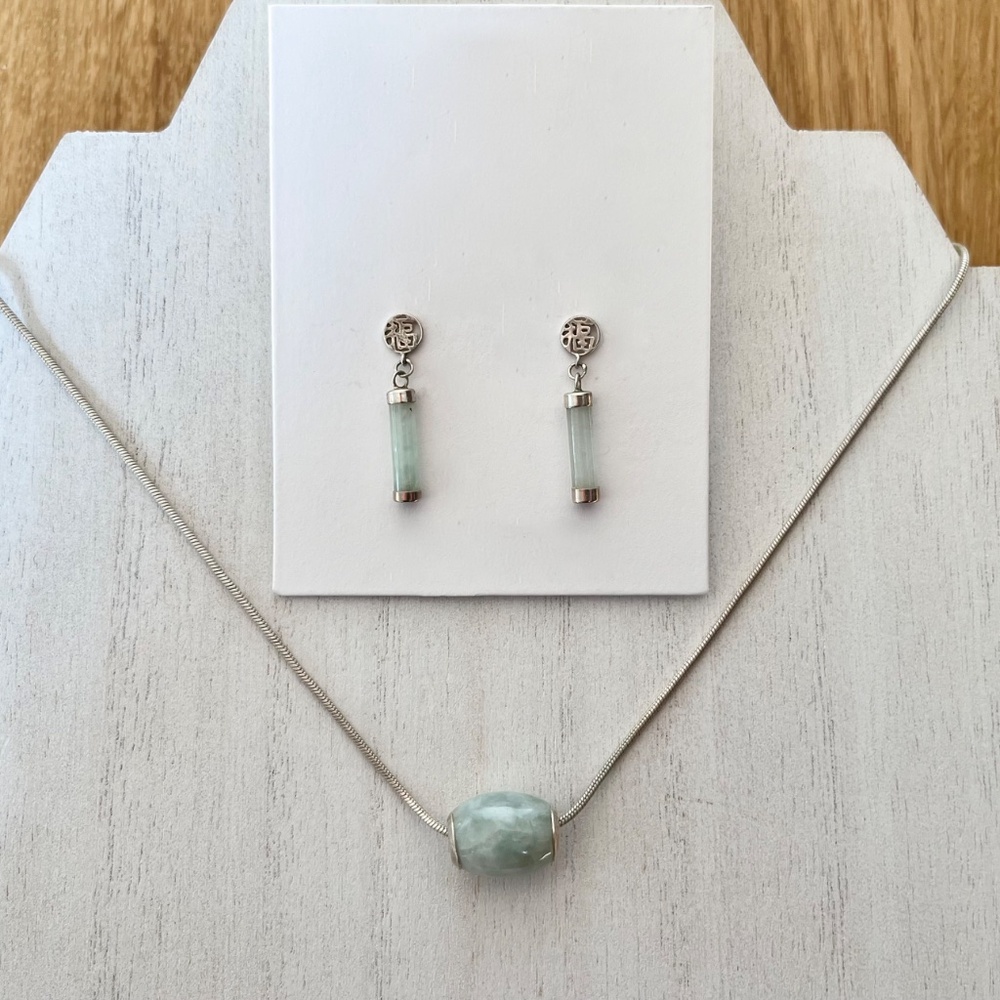 Green Jade 925 Sterling Silver Italy Barrel Slide Necklace Blessing Earring Set